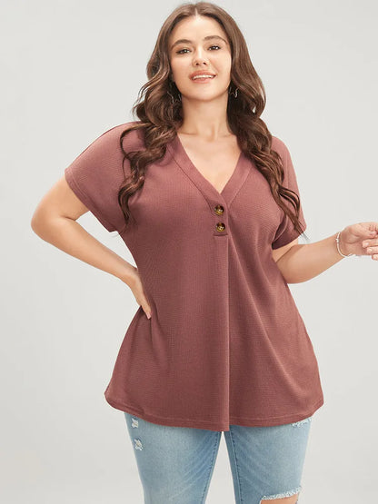Solid Dolman Sleeve Button Detail Waffle Knit T-shirt