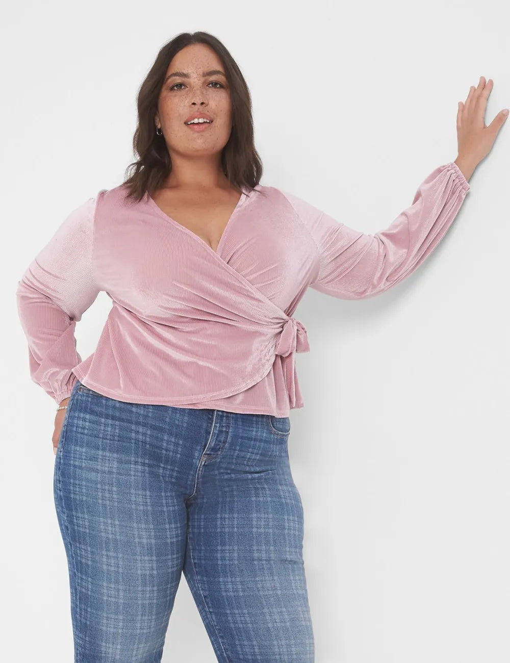 Classic Blouson-Sleeve Surplice Tie Velour Top