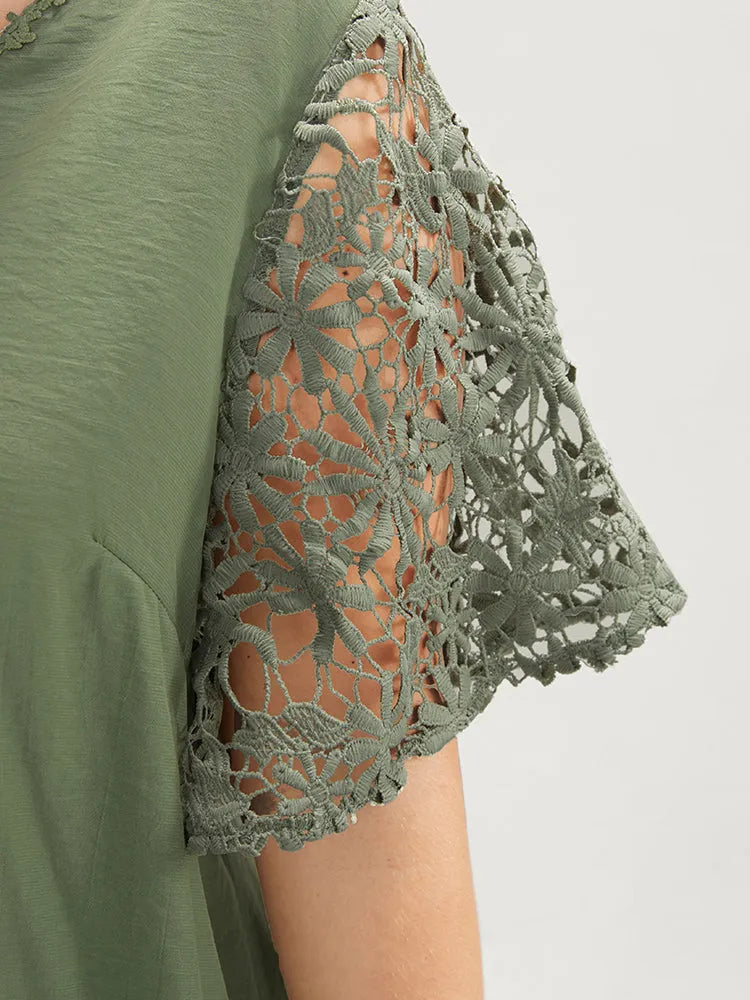 Plain V Neck Floral Patchwork Blouse