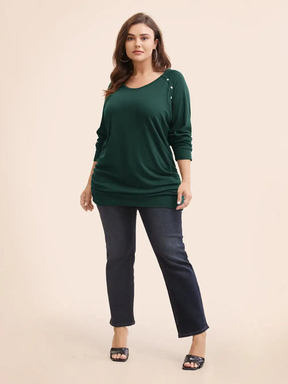Plain Gathered Button Detail T-Shirt