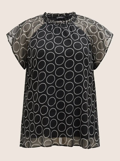 Polka Dot Mock Neck Mesh Patchwork Blouse