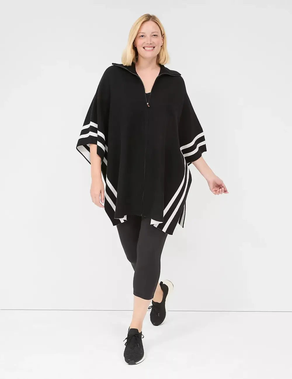 Full-Zip Striped Sweater Cape