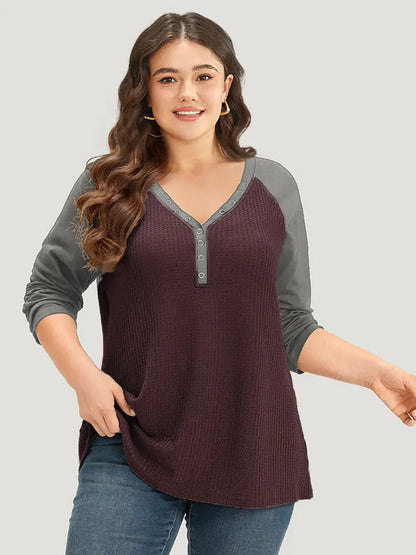 Waffle Knit Raglan Sleeve Metal Buckle Detail T-Shirt