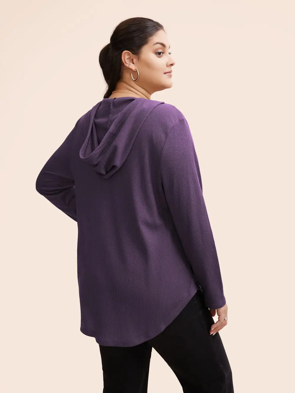 Waffle Knit Pocket Hooded Drawstring Arc Hem T-Shirt