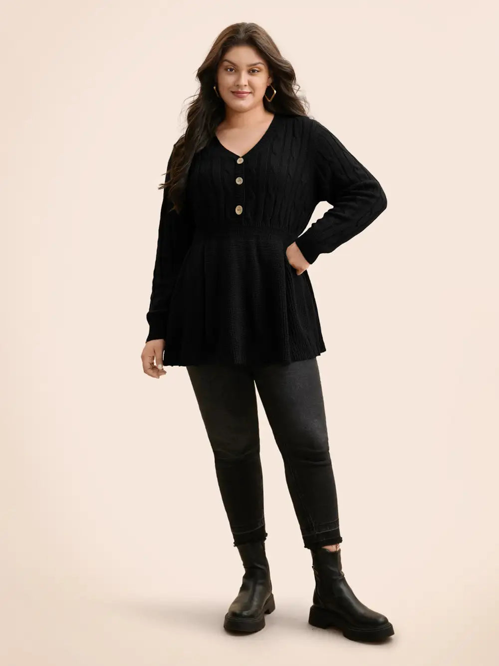 Texture Cable Knit Button Detail Pullover