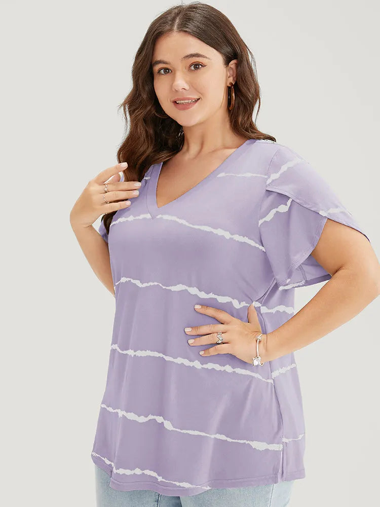 Striped Contrast Petal Sleeve T-shirt