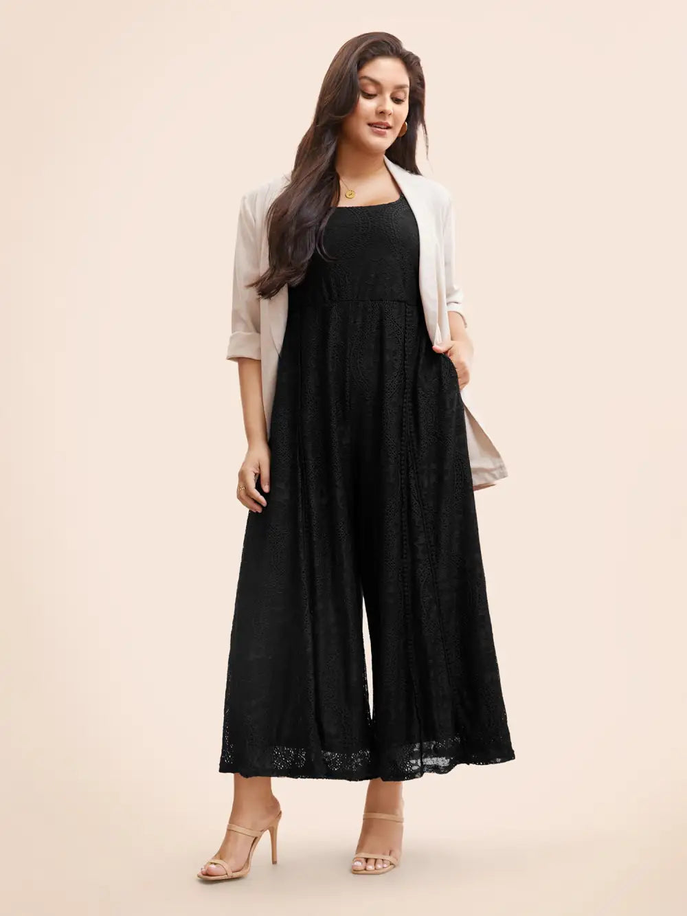 Square Neck Lace Panel Gathered Jumpsuit