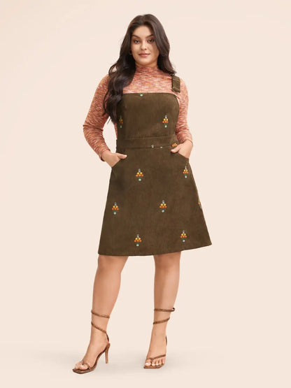 Floral Embroidered Corduroy Overall Dress