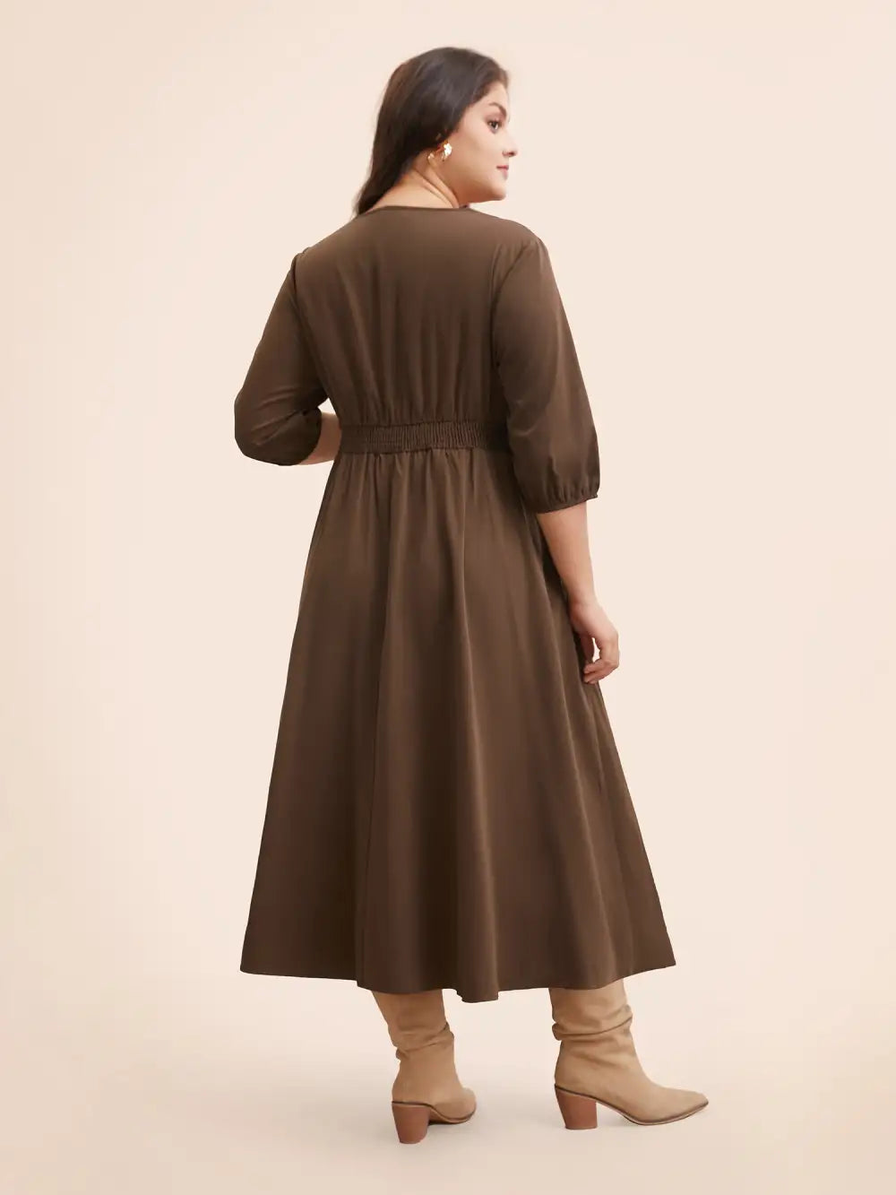 V Neck Shirred Ruched Midi Dress