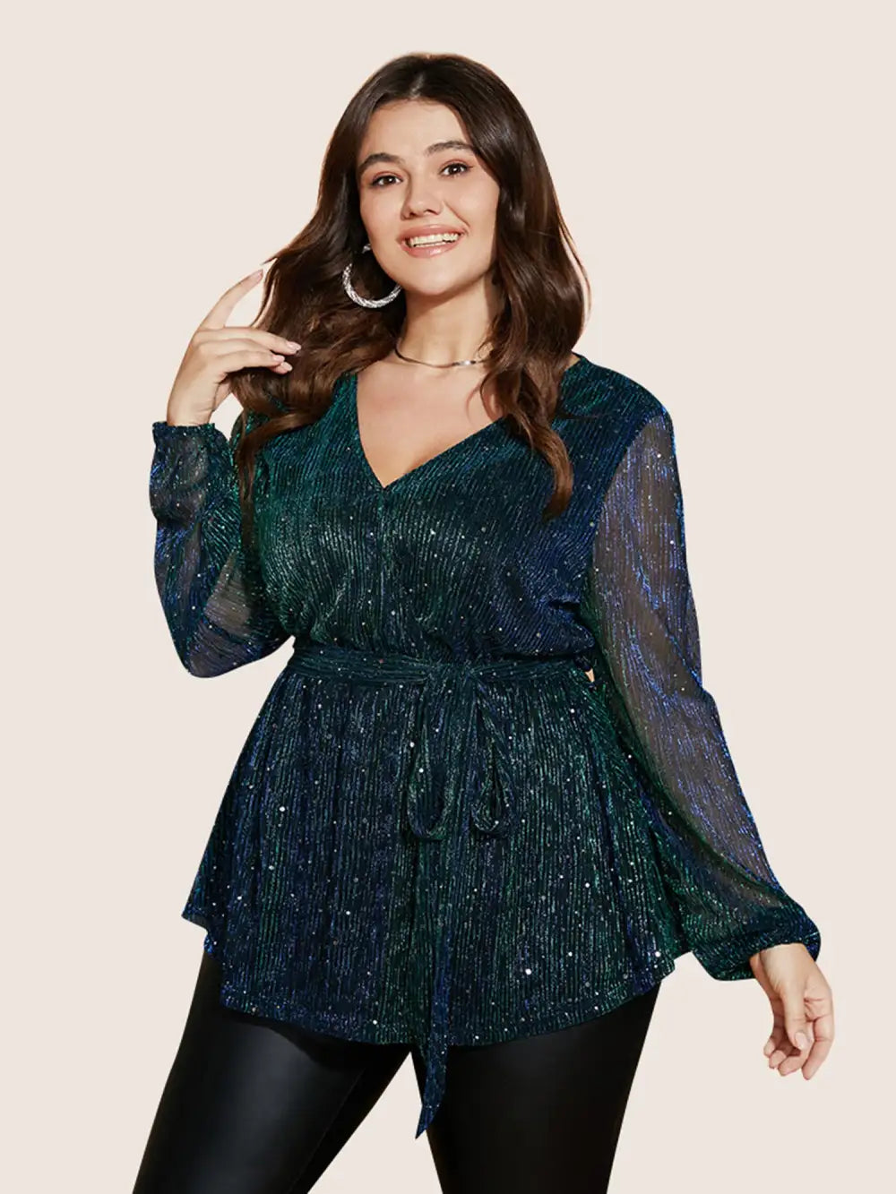 Sequin Mesh Lantern Sleeve Wrap Belted Striped Blouse