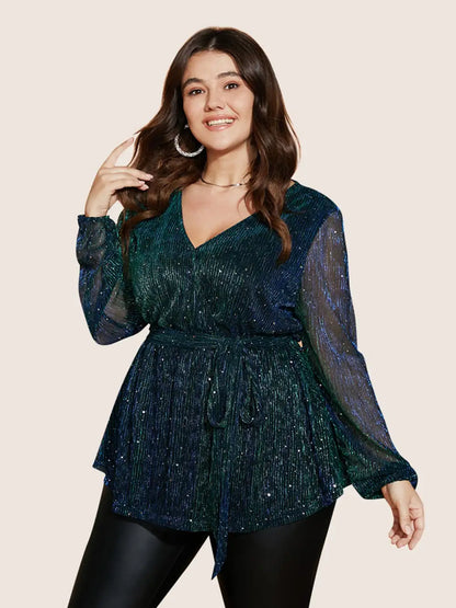 Sequin Mesh Lantern Sleeve Wrap Belted Striped Blouse