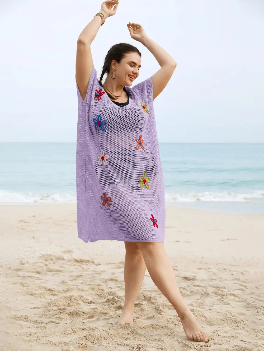 Stereo Flower Design Slit Hem Swim Cover Up