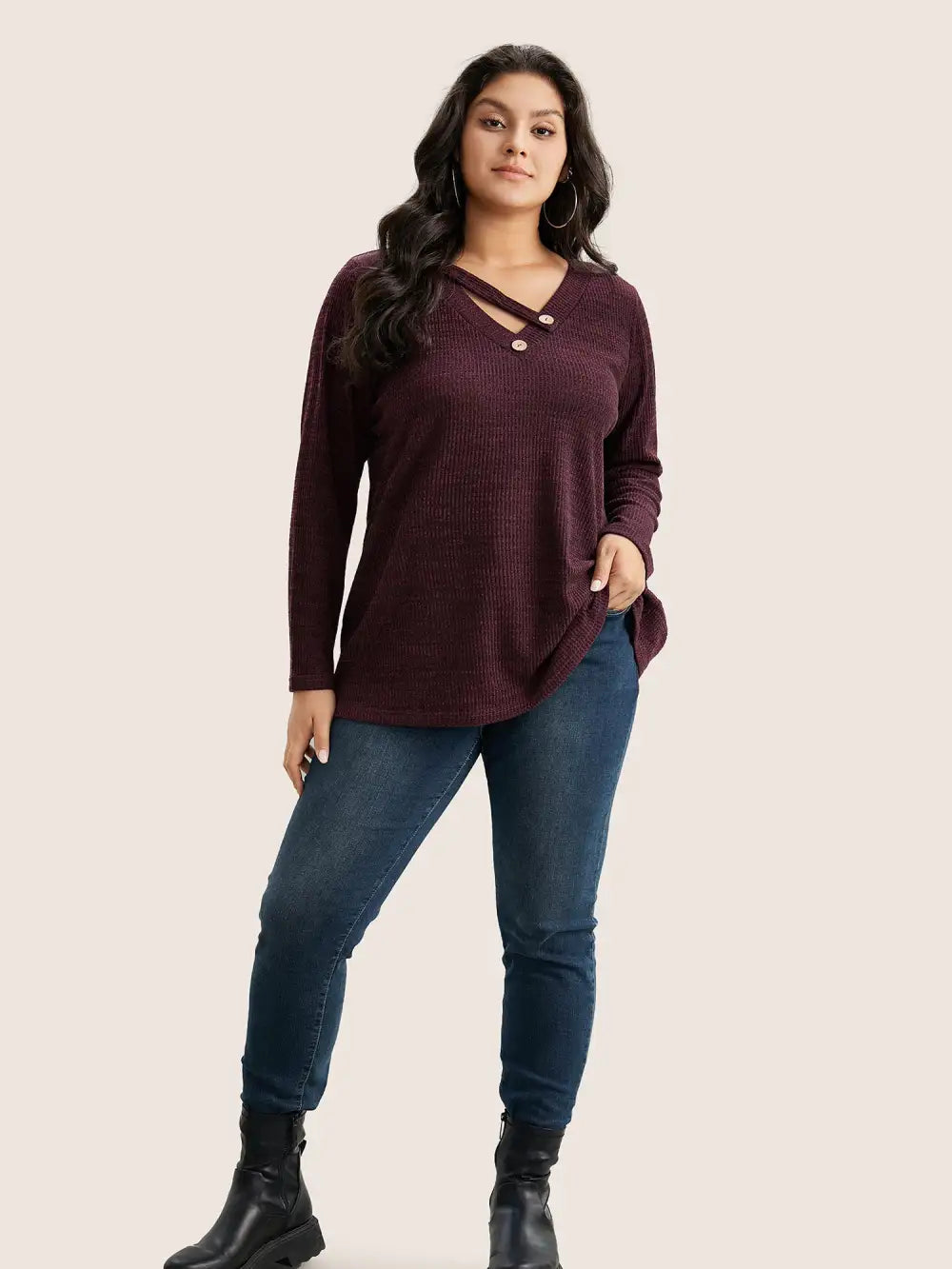 Solid Rib Knit Button Detail T-Shirt