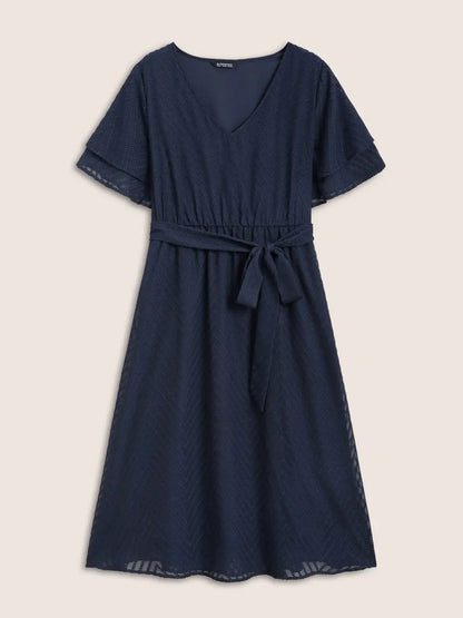 Texture Tiered Ruffle Sleeve See Through Dress