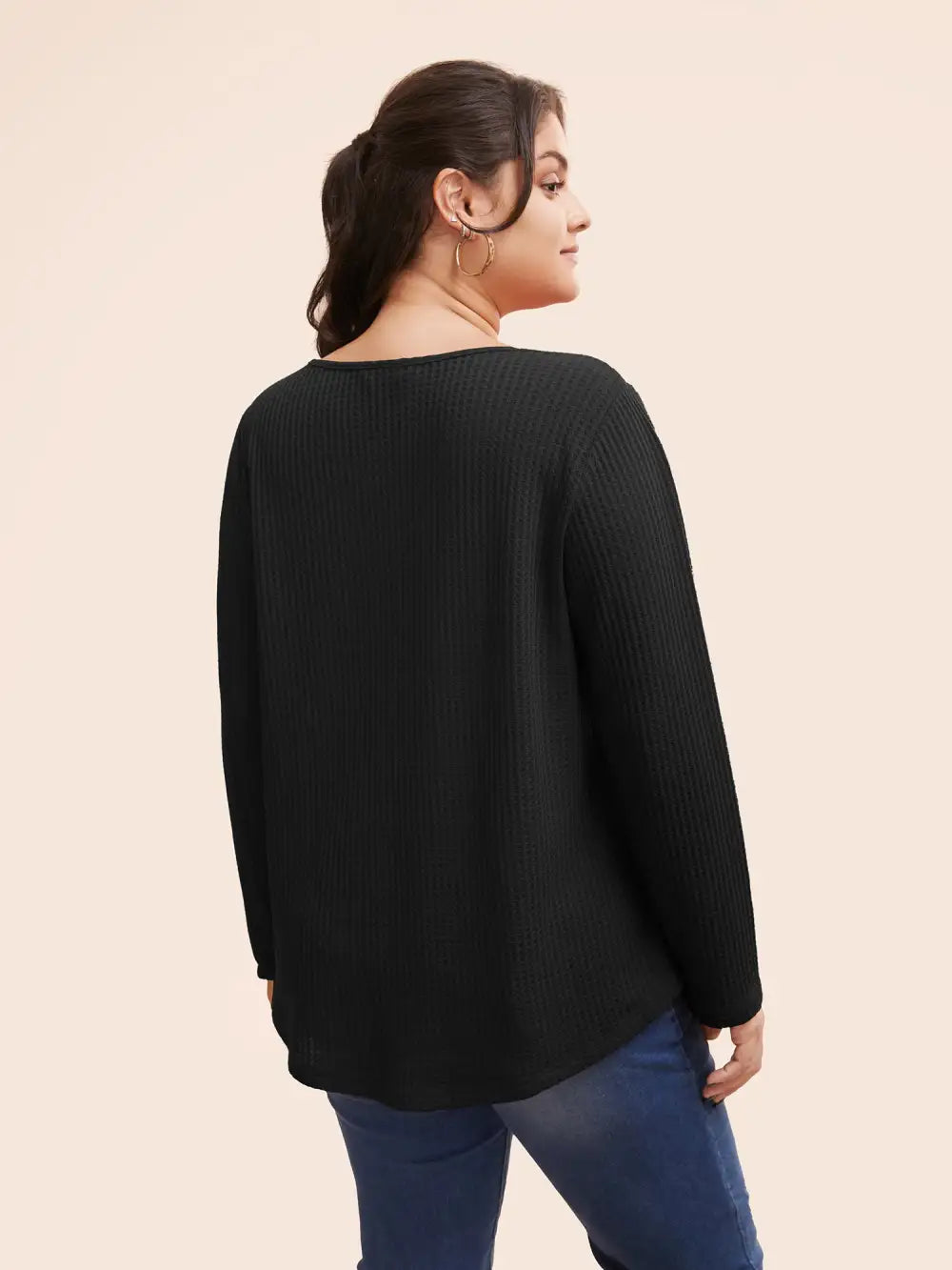 Plain Waffle Knit Scoop Neck Plicated Detail T-Shirt