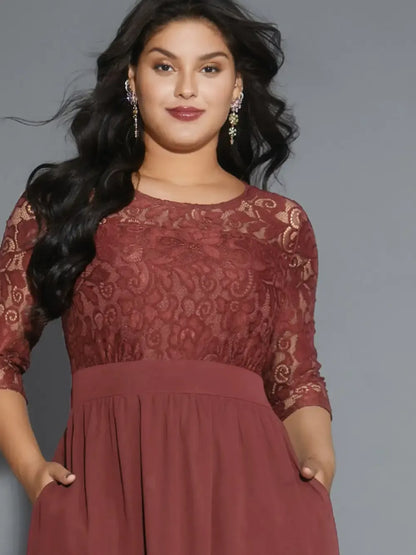 Lace Patchwork Shirred Midi Pocket Dress