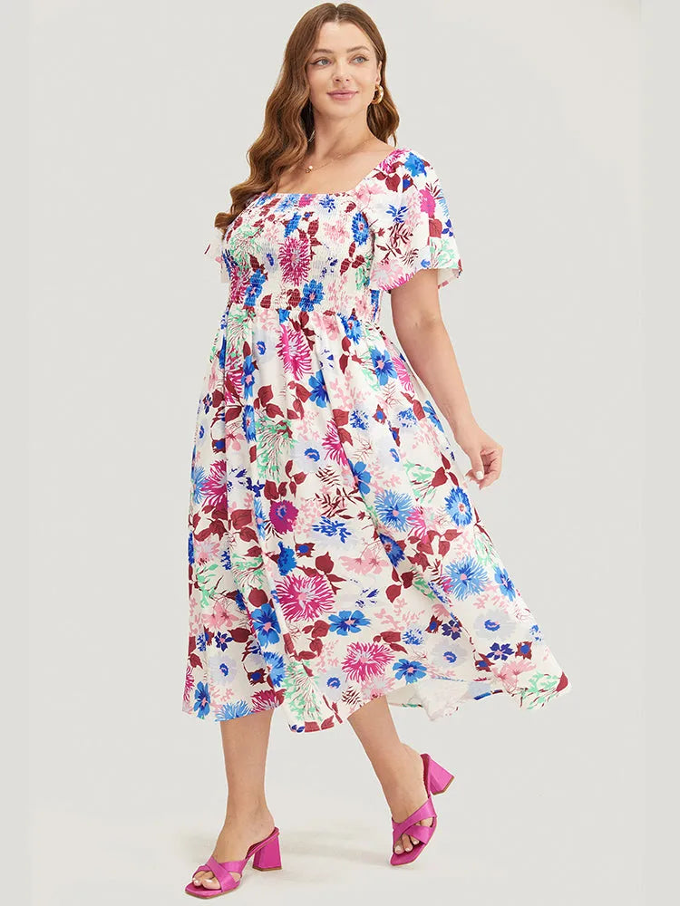 Floral Backless Shirred Square Neck Pocket Ruffle Hem Dress