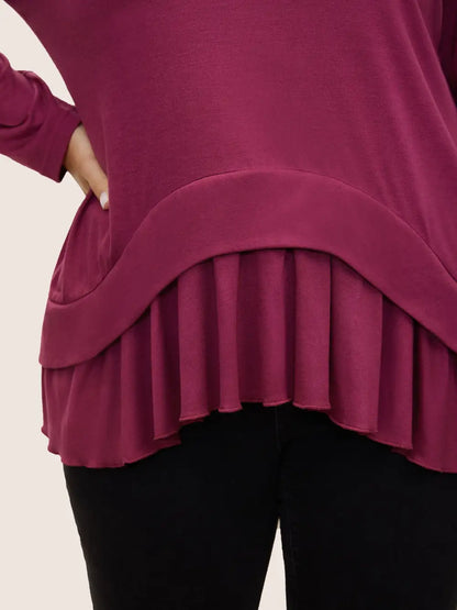 Plain Pleated V Neck Arc Hem T-Shirt