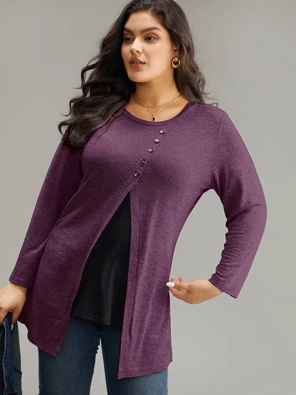 Contrast Patchwork Crew Neck Button Detail T-Shirt