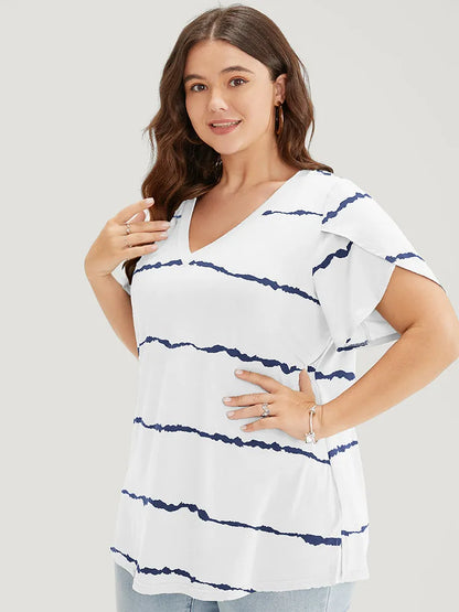Striped Contrast Petal Sleeve T-shirt