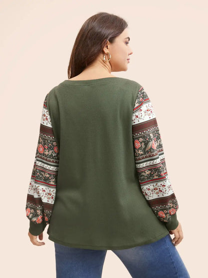 Boho Print Patchwork Crew Neck Sweatshirt