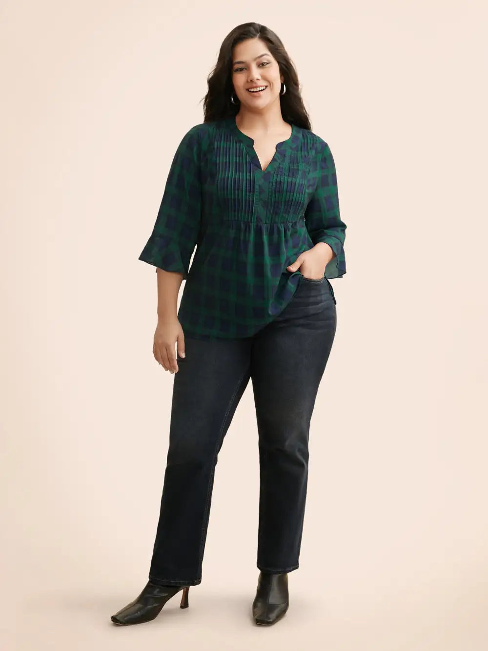 Notched Plaid Ruffles Pleated Blouse