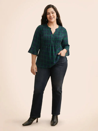 Notched Plaid Ruffles Pleated Blouse