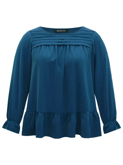 Static-Free Plain Pleated Ruffles Lantern Sleeve Blouse