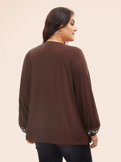 Floral Embroidered Knot Neck Lantern Sleeve T-Shirt