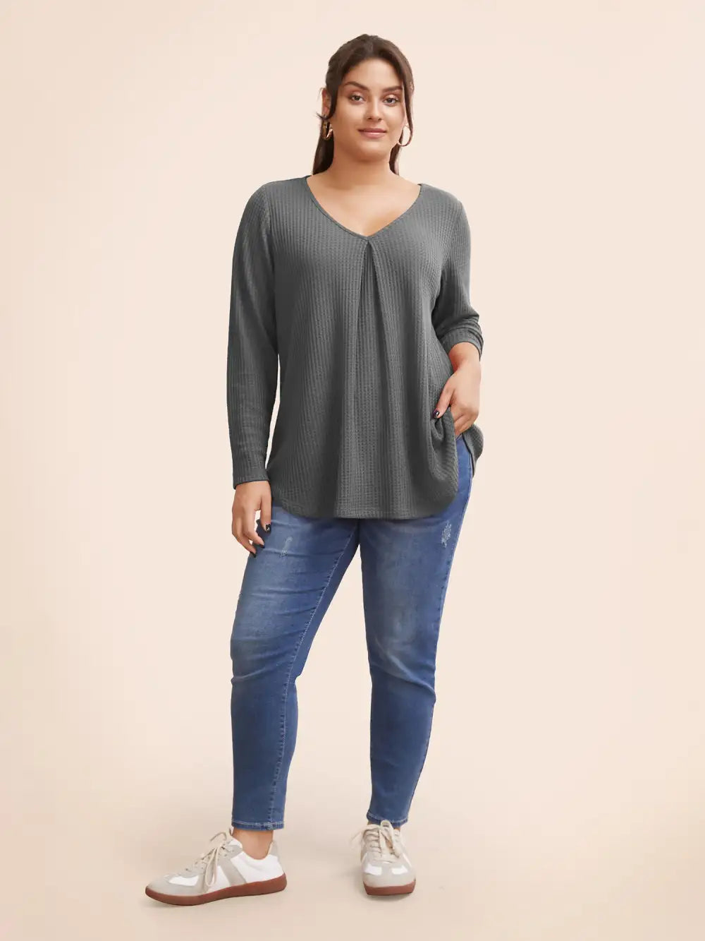 Plain Waffle Knit Scoop Neck Plicated Detail T-Shirt