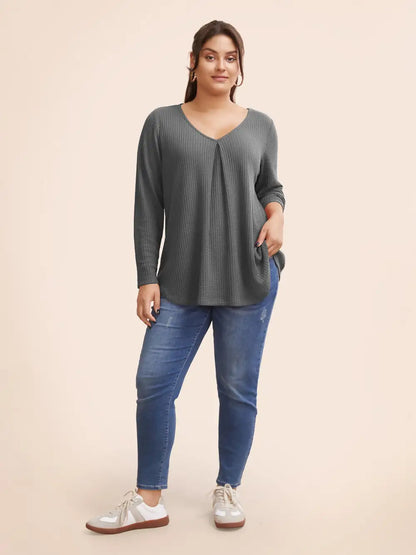 Plain Waffle Knit Scoop Neck Plicated Detail T-Shirt