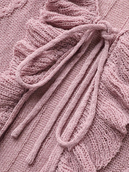 Ruffle Trim Ties Cable Knit Cardigan