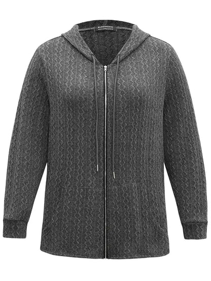 Plain Textured Zipper Hooded Sweatshirt