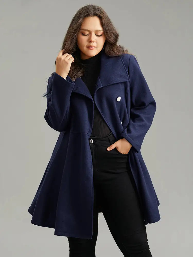 Plain Button Up Pocket Asymmetrical Lapel Collar Coat