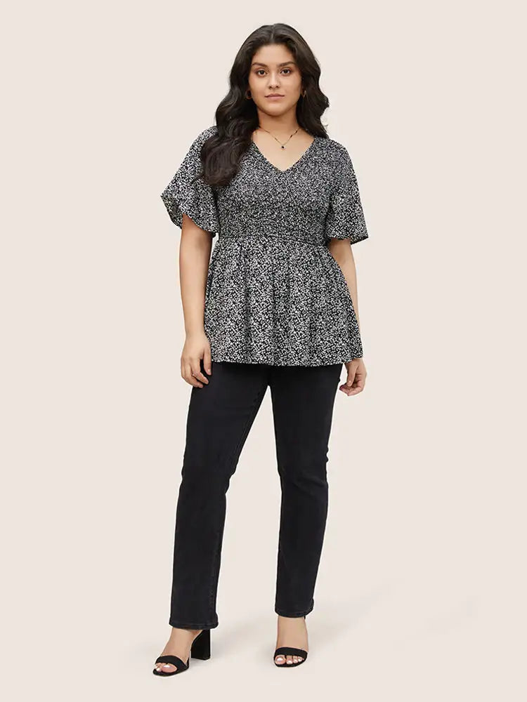 Ditsy Floral Shirred Ruffle Sleeve Elastic Waist Blouse