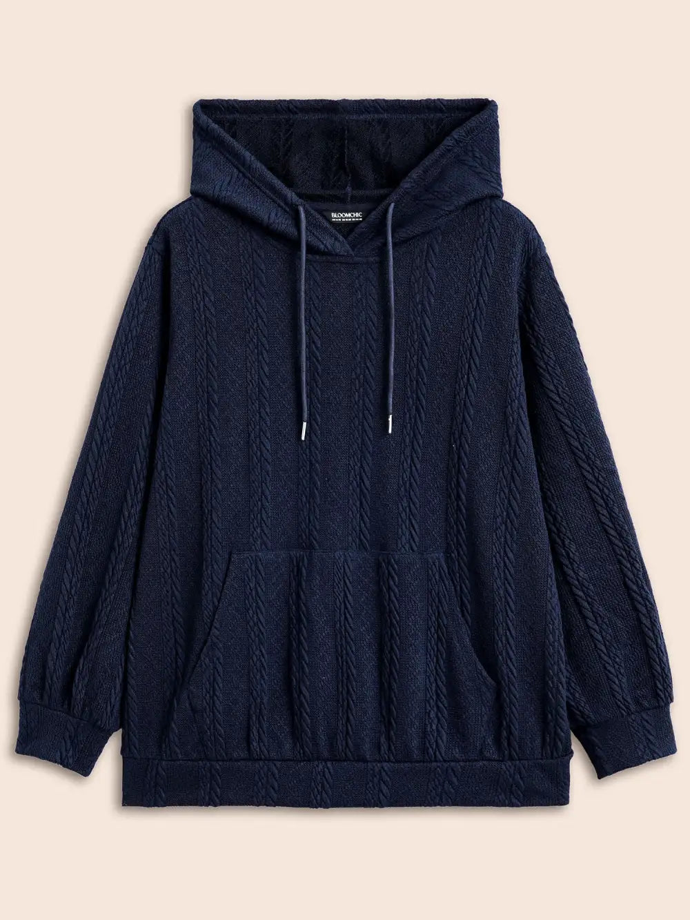Solid Cable Knit Hooded Drawstring Sweatshirt