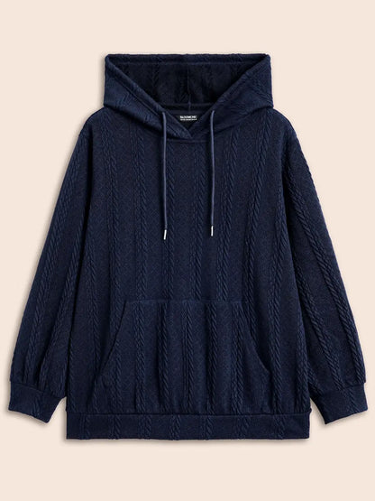 Solid Cable Knit Hooded Drawstring Sweatshirt