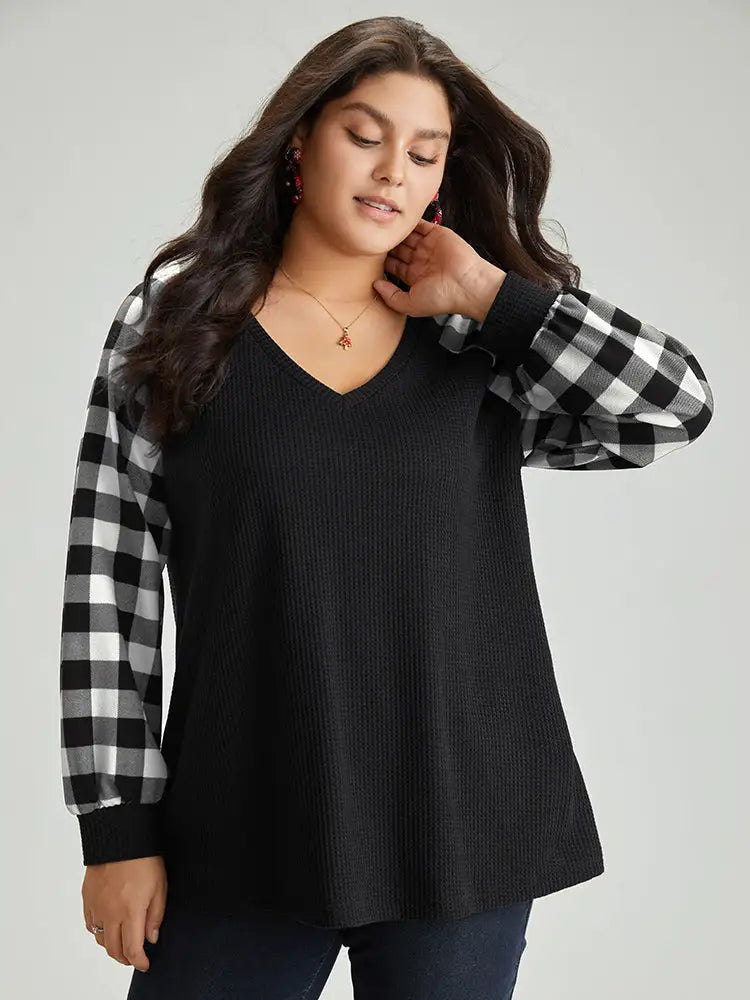 Waffle Knit Plaid Patchwork Raglan Sleeve T-Shirt