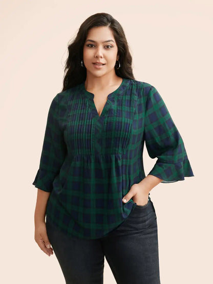 Notched Plaid Ruffles Pleated Blouse