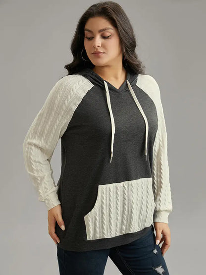Contrast Cable Knit Pocket Hooded Drawstring Sweatshirt