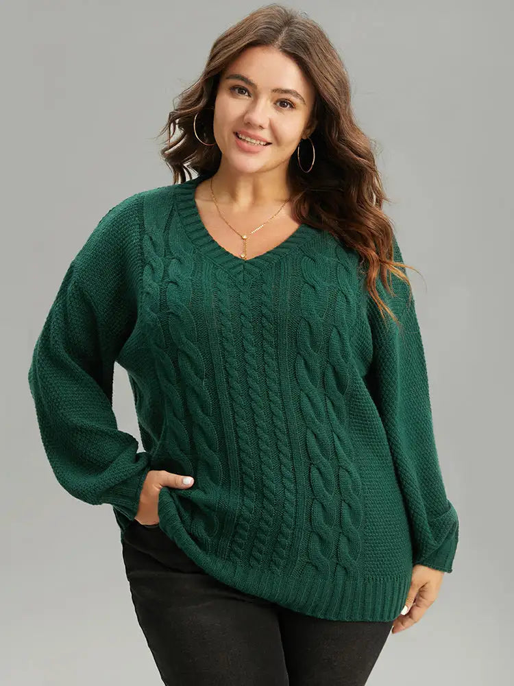 Solid Cable Knit V Neck Elastic Cuffs Pullover