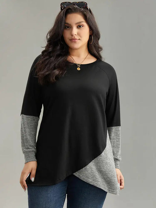 Two Tone Patchwork Heather Arc Hem T-Shirt