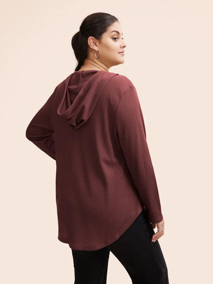 Waffle Knit Pocket Hooded Drawstring Arc Hem T-Shirt