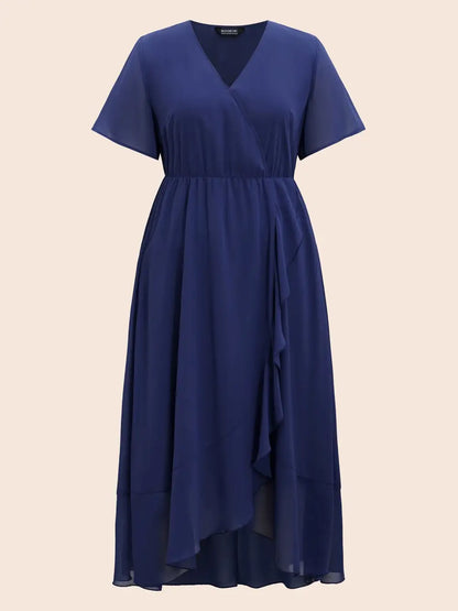 Chiffon Overlap Collar Ruffle Sleeve Dress