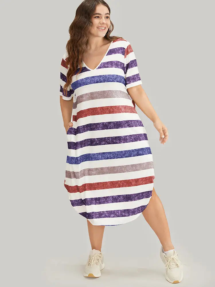 Striped Contrast Arc Hem V Neck Pocket Dress
