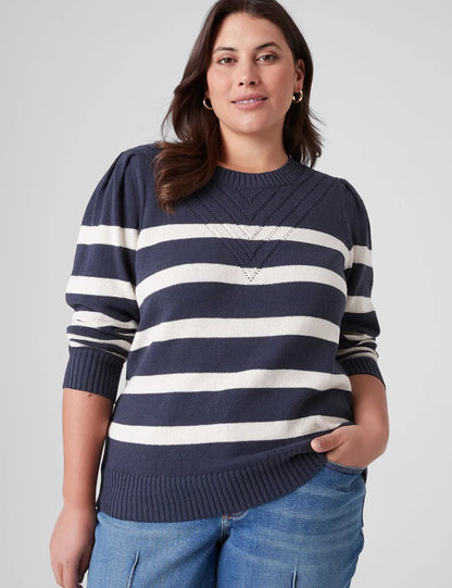 Puff-Sleeve Crew-Neck Striped Sweater