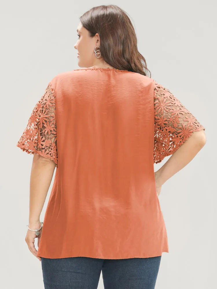Plain V Neck Floral Patchwork Blouse