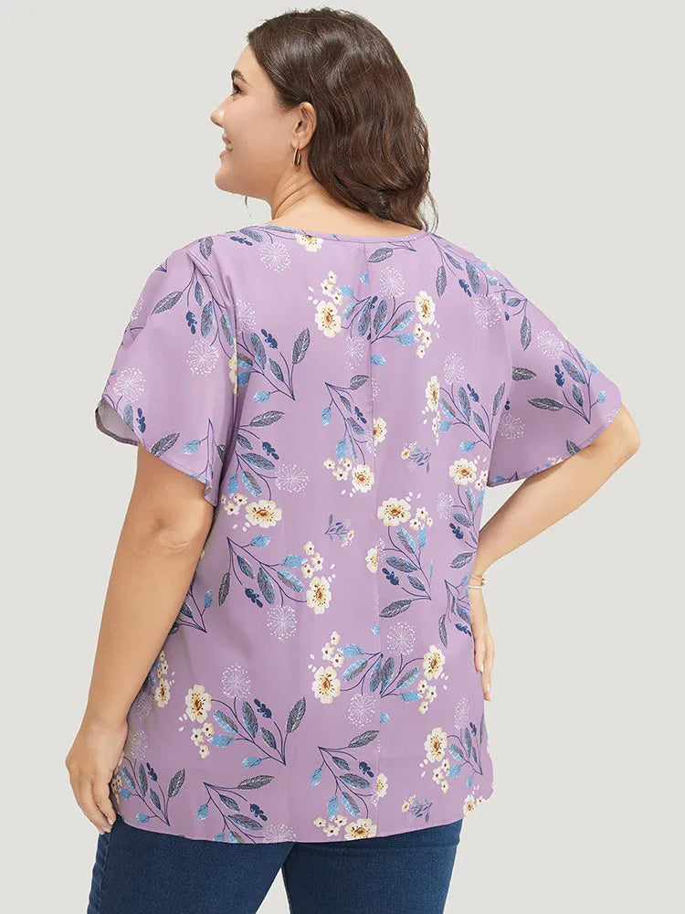 Floral O Ring Zipper Split Petal Sleeve Blouse
