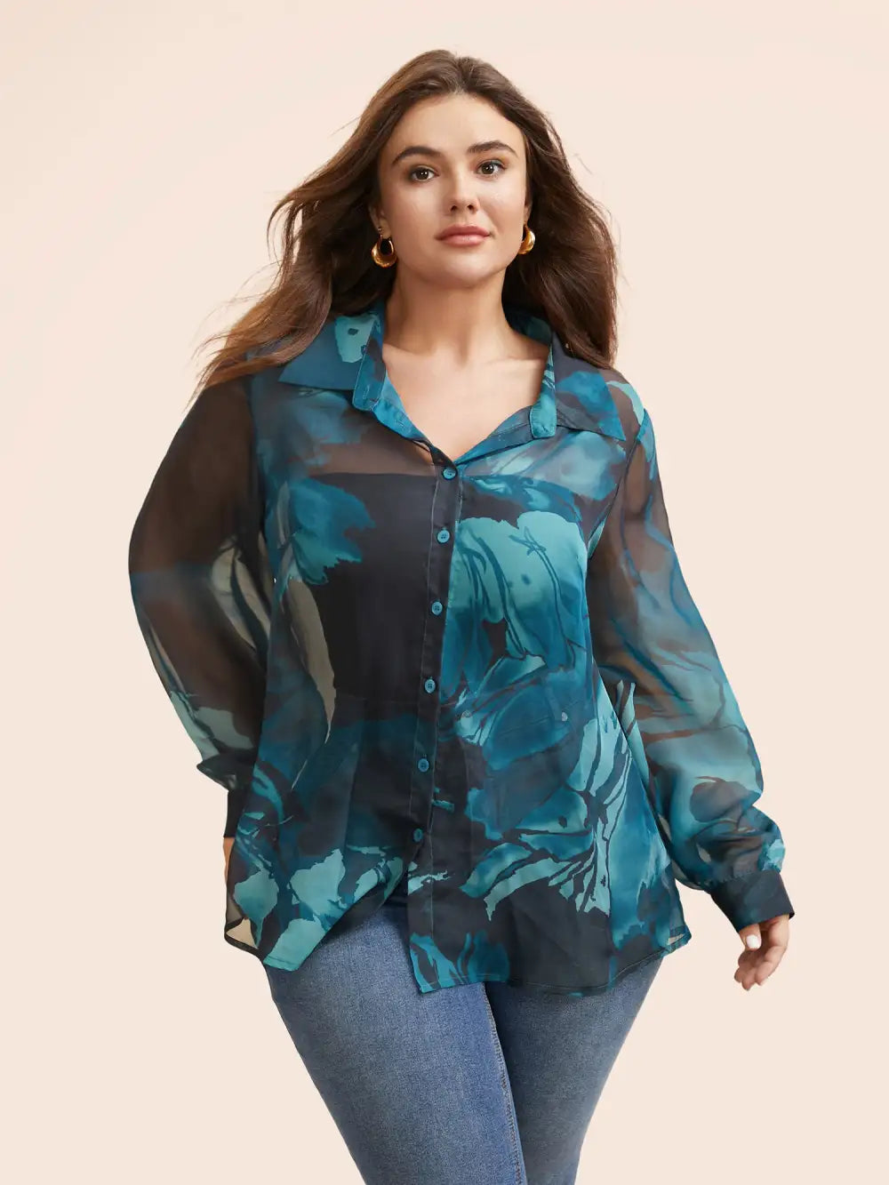 Watercolor Floral Mesh Shirt Collar Blouse