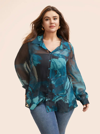 Watercolor Floral Mesh Shirt Collar Blouse